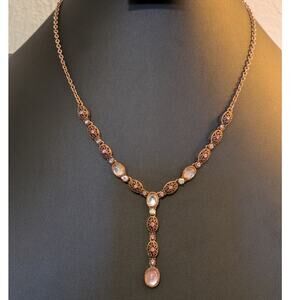 Avon Copper Tone Pink Cabochon Rhinestone Y Dangle Necklace